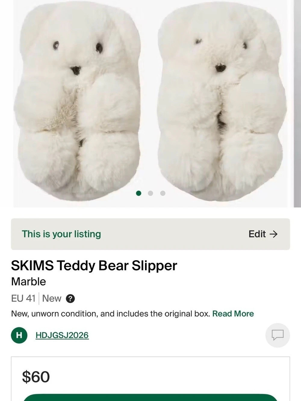 SKIMS Teddy Bear Slipper White EU 41